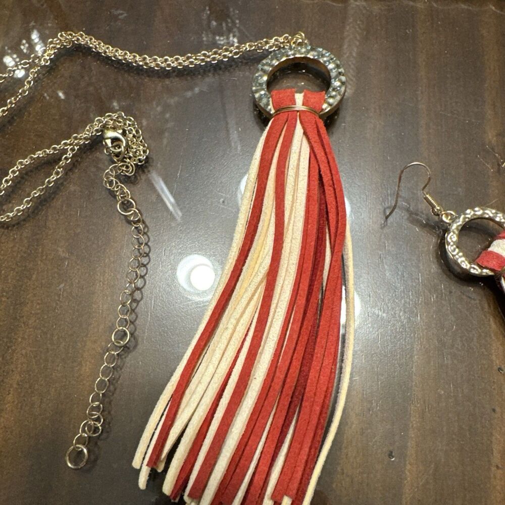 Alabama 30” Gold Tone Game Day Faux Leather Tassel Necklace and Earring Set